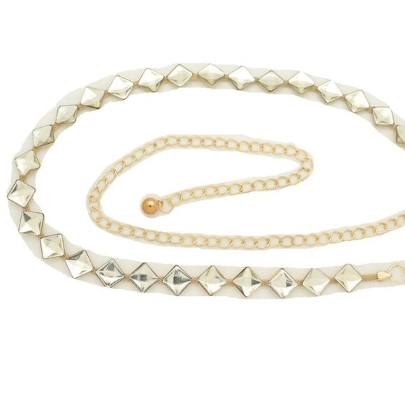 Women's Gold Metal Mesh Waist Belt – Silver Square Beads – Skinny Waistband S M - Picture 5 of 17